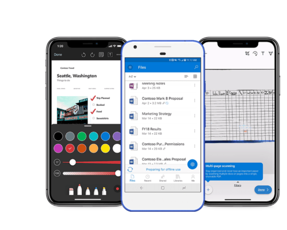 onedrive-three-phone-screens-showing-files-in-onedrive-a-whiteboard-image-and-a-travel-to-do-list-interstellar-business-solutions-limited-ibsl