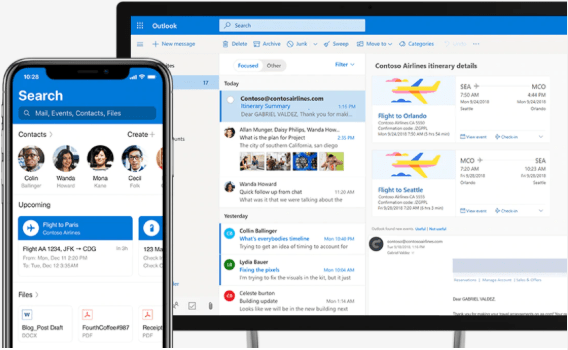 a-desktop-screen-showing-outlook-intelligent-search-and-an-iphone-displaying-an-automatically-generated-reminder-for-upcoming-travel-in-outlook-interstellar-business-solutions-limited-ibsl