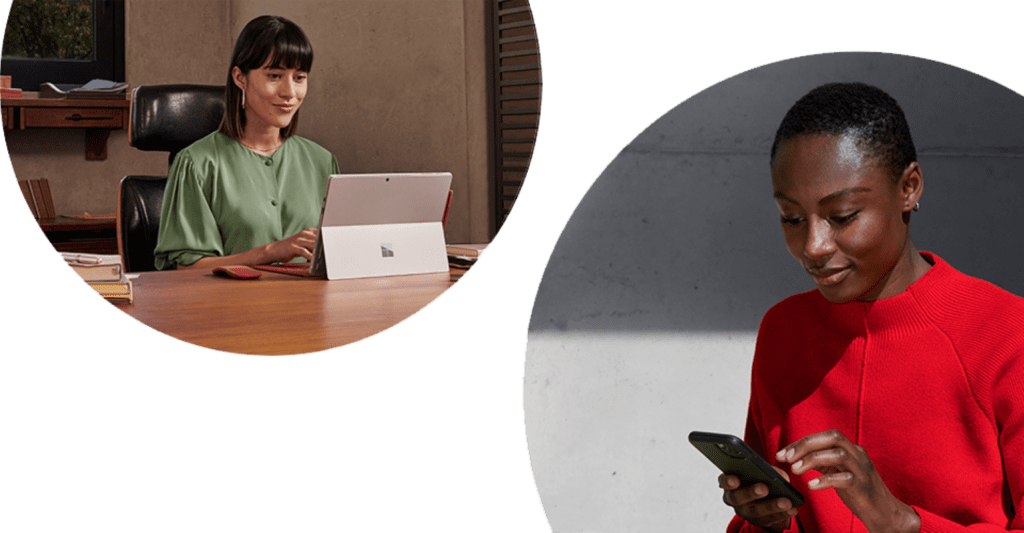 teams-two-separate-circular-photographs-on-a-white-background-to-express-two-people-connecting-while-in-different-locations-one-is-sitting-at-a-desk-in-an-office-working-on-a-microsoft-surface-the-other-is-standing-outside-using-a-mobile-device-interstellar-business-solutions-limited-ibsl